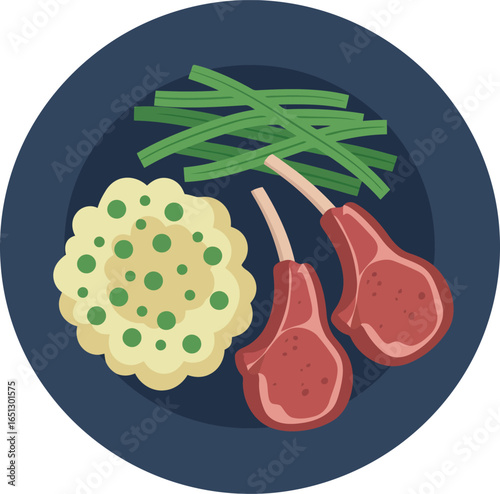 A delicious and healthy meal of lamb chops with mashed potatoes and green beans served on a dark blue plate
