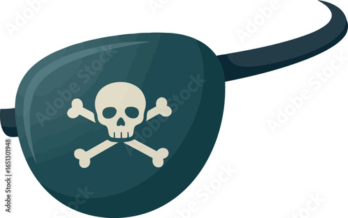 A dark blue pirate eye patch with a white skull and crossbones symbol on a white background