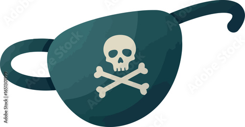 A dark green pirate eye patch with a white skull and crossbones symbol centered on the fabric isolated on a white background