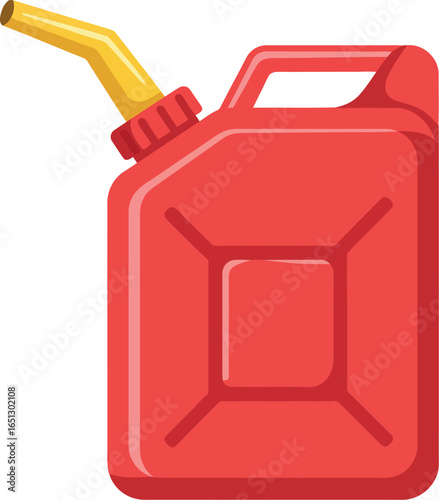 A bright red portable fuel can with a yellow spout and handle isolated on a white background ready for gasoline or liquid transport