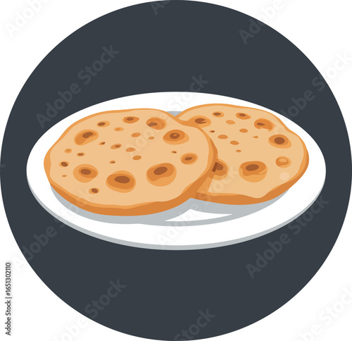 Two golden brown indian flatbreads naan or roti served on a white plate in a circular dark background