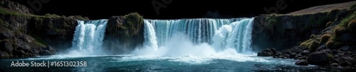 Isolated powerful waterfall, cascading water against black backdrop, dark, silhouette