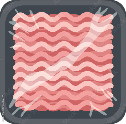 Fresh raw ground beef packaged in a black plastic tray with clear plastic wrap and tied with string for sale at a grocery store