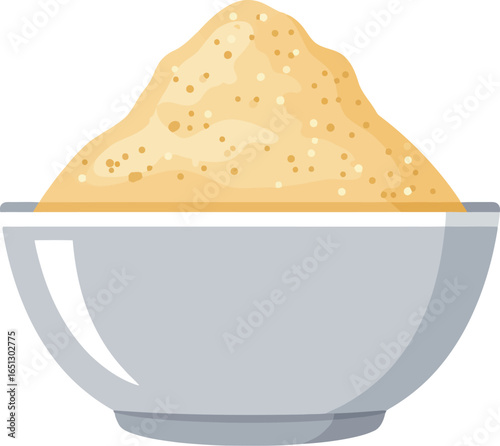 A simple illustration of a white bowl filled with a mound of light yellow powder or flour against a white background