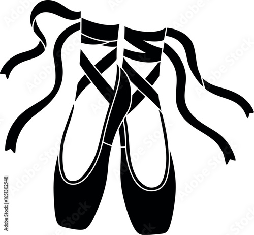 Elegant black and white illustration of ballet pointe shoes with satin ribbons tied in a bow symbolizing grace and dance