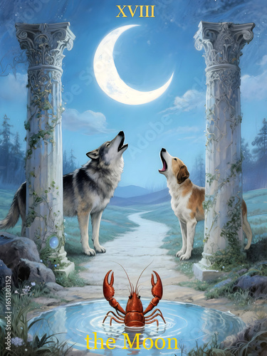 Tarot card 18 the Moon. The card depicts a night scene, where two pillars are shown. A wolf and a domesticated dog howl at the Moon while a crayfish emerges from the water.