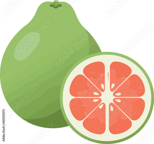 A whole green pomelo fruit next to a vibrant pink grapefruit slice showcasing its juicy segments and white pith