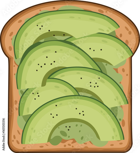 Deliciously ripe avocado slices artfully arranged on a perfectly toasted slice of whole wheat bread creating a healthy and vibrant breakfast or snack