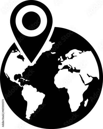 Black and white icon of a world globe with a location pin marker indicating a specific point on earth