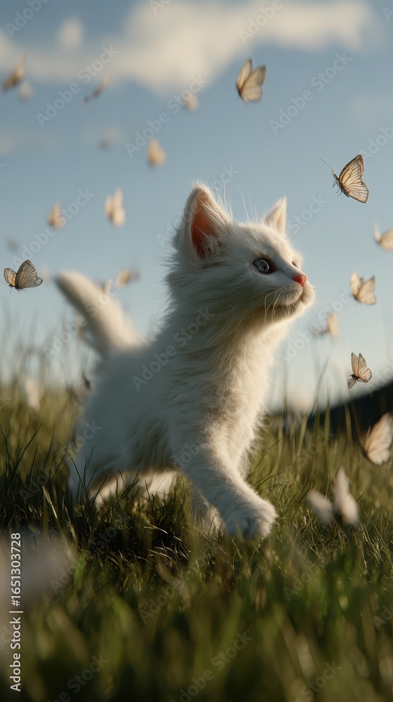 Fototapeta premium Playful White Kitten Chasing Butterflies in a Serene Meadow