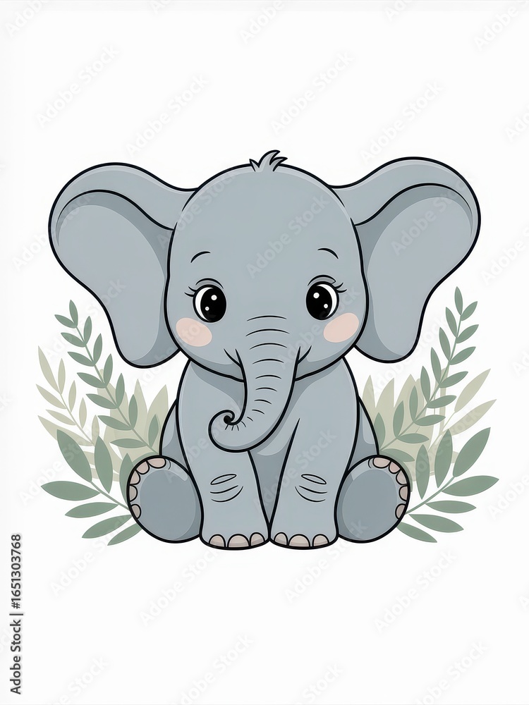 Naklejka premium Cute Baby Elephant Illustration with Green Leaves 