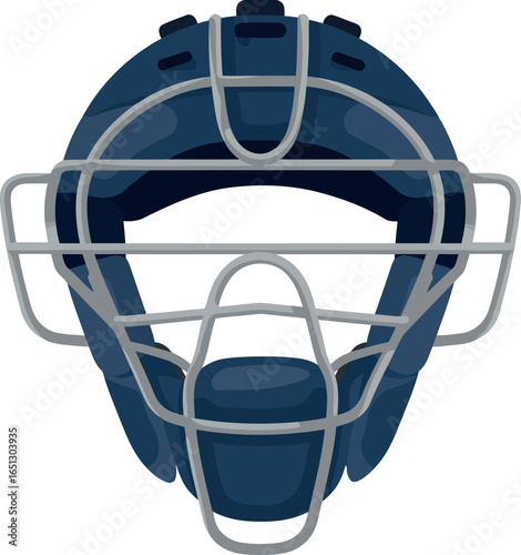 Close up front view of a dark blue baseball catcher s helmet and face mask isolated on a white background