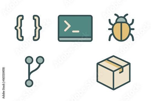 Vector illustration of coding elements and bug icon for technology use