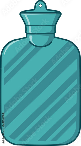 A simple teal blue rubber hot water bottle with a ribbed texture and a cap isolated on a white background