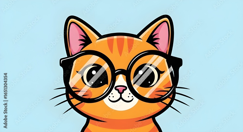 Fototapeta premium Cartoon orange cat wearing glasses against a blue background