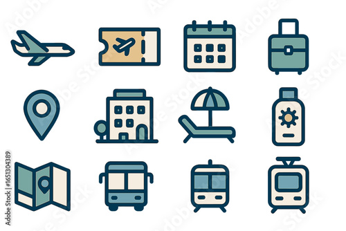 Travel planning icons for vacation organization and itinerary creation