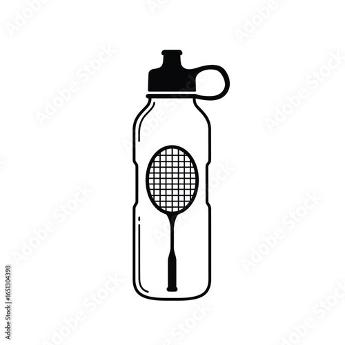 Black sports bottle with badminton racket white drink