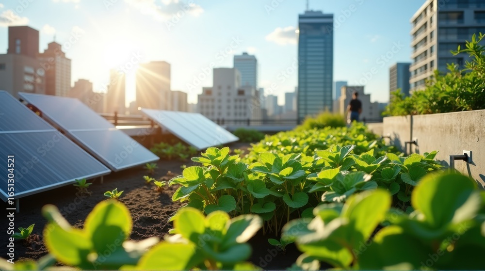 Fototapeta premium Modern urban rooftop garden with smart irrigation, solar panels, and digital technology