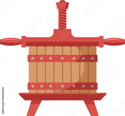 Traditional wooden fruit press with red metal accents for making juice or wine on a white background