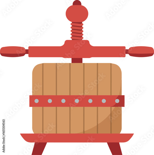 Traditional wooden wine press with red metal screw mechanism for crushing grapes and making wine