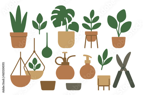 Stylish vector illustration of houseplants and gardening tools