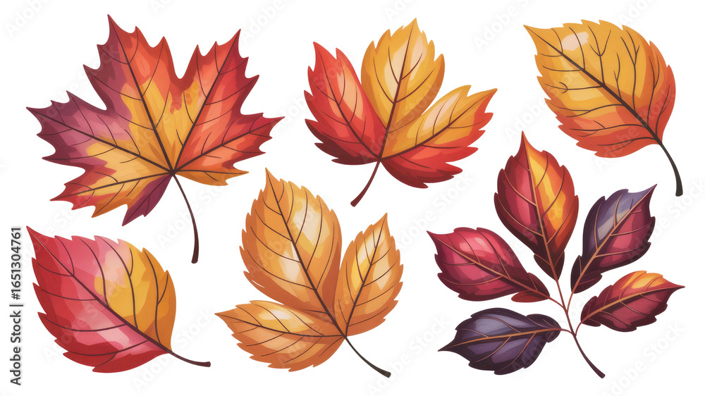 Obraz premium Vibrant Autumn Leaves Collection Watercolor Style Fall Foliage for Design