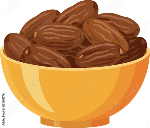 A bright yellow bowl filled with a generous serving of delicious ripe and healthy dried dates isolated on a white background