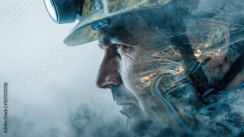 Miner Profile with Underground Work and Industrial Landscape