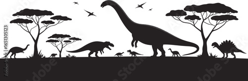 Dinosaur silhouette landscape, prehistoric scene clipart, T-rex and brontosaurus SVG, dino forest vector, Jurassic animal illustration