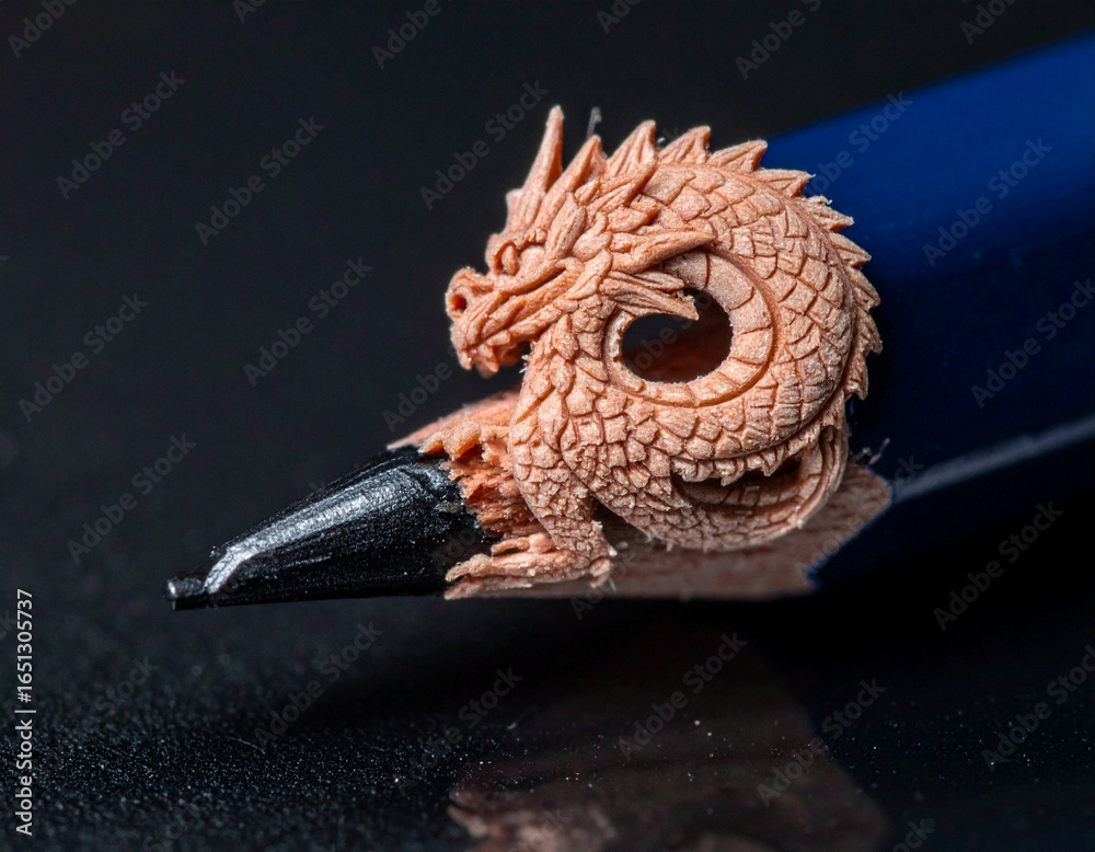 Obraz premium Miniature Dragon Carving: A breathtaking macro shot reveals a stunning, intricately carved dragon adorning the tip of a pencil. The precise detail of the miniature sculpture.