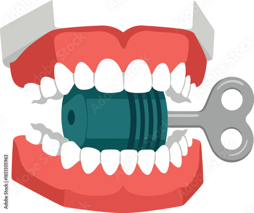 Humorous novelty chattering teeth toy with a wind up key mechanism ready to spring into action against a white background