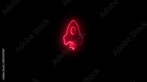 Neon  rocket fly animation. Glowing neon rocket icon, looped flight animation. Spacecraft flight, space technology, rocket icon.