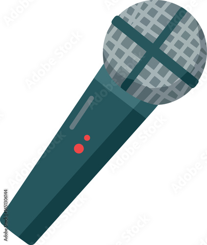 A modern teal microphone with a red power button isolated on a white background perfect for music or podcasting concepts