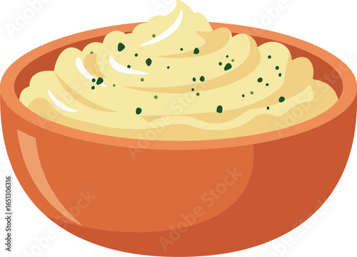 A delicious bowl of creamy mashed potatoes seasoned with cracked black pepper presented in a rustic orange ceramic dish