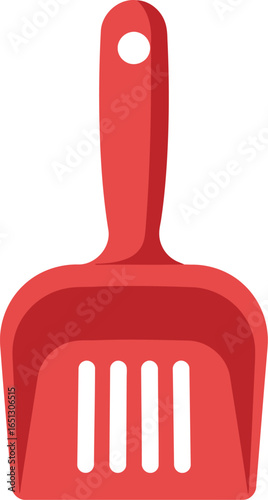 Bright red plastic cat litter scoop with a slotted base for sifting and cleaning pet waste isolated on a white background