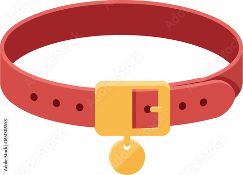 A bright red pet collar with a golden buckle and a small bell attached isolated on a white background