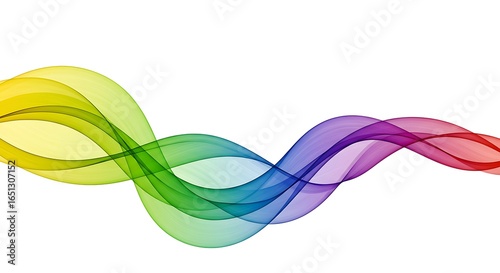 An abstract digital rendering of a ribbon-like form with a spectrum of colors flowing in a horizontal wave
