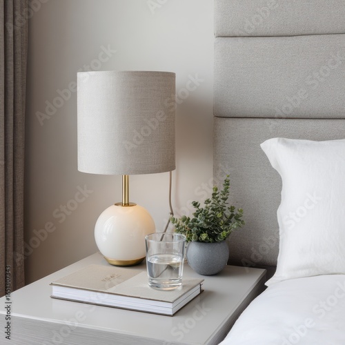 Nightstand interior, lamp, book, & water by bed, calm neutral bedroom home decor