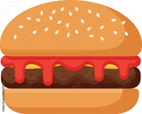 Deliciously rendered flat illustration of a classic cheeseburger with sesame seed bun and dripping ketchup on a white background