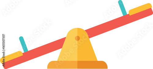 A colorful red and yellow seesaw playground equipment with blue handles isolated on a white background