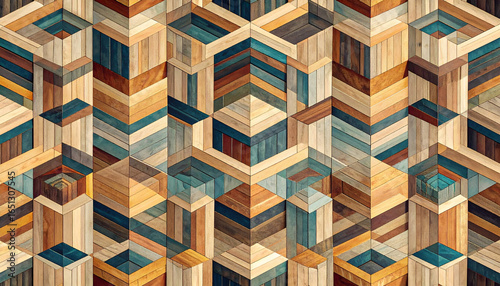 Geometric Wooden Mosaic Pattern With Varied Colors and Textures Creating a Seamless Background