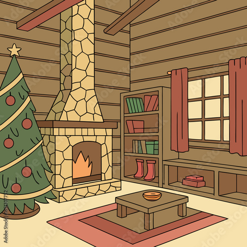 Cozy Christmas Cabin Interior with Fireplace