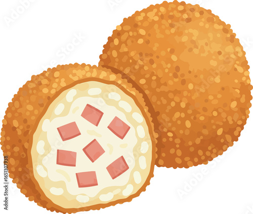 Two golden brown crispy fried arancini rice balls with one cut in half revealing a creamy white interior filled with diced ham