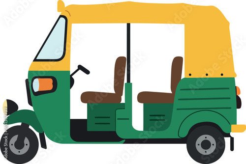 Colorful green and yellow auto rickshaw or tuk tuk vehicle with three wheels and canopy isolated on white background