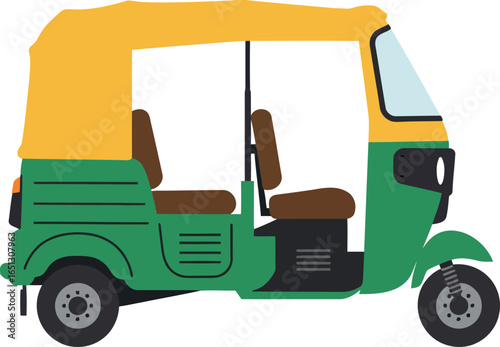 A vibrant green and yellow auto rickshaw a common mode of transportation in many asian countries isolated on a white background