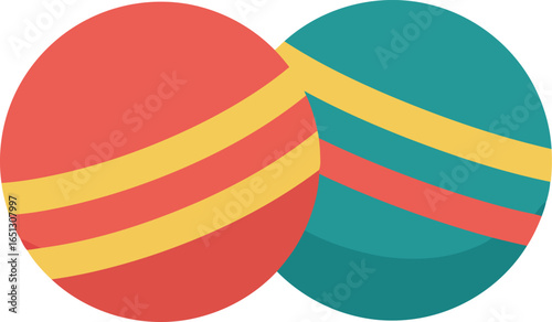 Two colorful striped balls one red and one teal overlapping and isolated on a white background representing play and fun