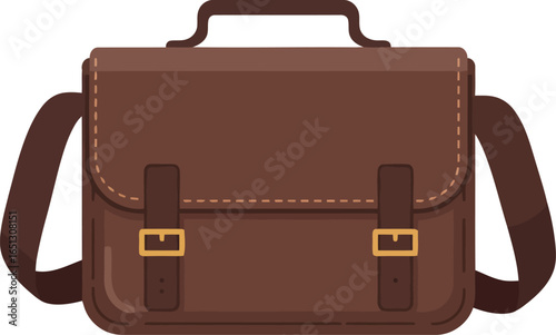 Classic brown leather satchel bag with shoulder strap and buckle closures isolated on a white background representing vintage style and professional accessories