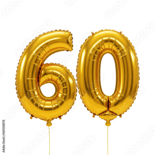 Highly reflective gold foil '60' numeral balloons with metallic sheen & subtle crinkles, perfectly centered against a pristine transparent studio background with no shadows, ideal for a