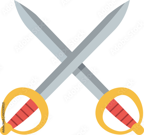 Two crossed antique sabers with ornate golden guards and red grips symbolizing combat and historical duels