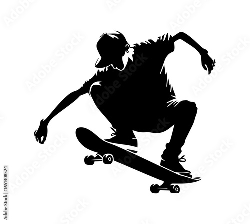 black silhouette of teenager performing trick on skateboard